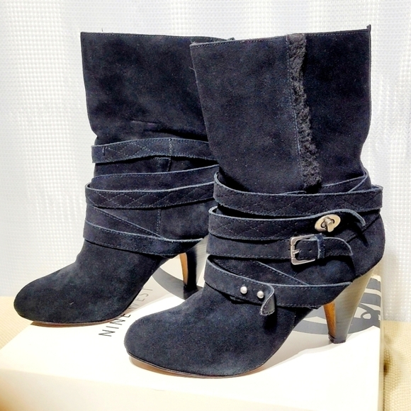 Nine West Black Suede & Strappy Mid-Calf Heeled Pull On Style Boots (9M) - Picture 3 of 13